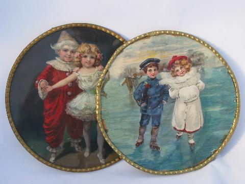 antique Victorian litho color prints, round pictures of girl dancer, skating children