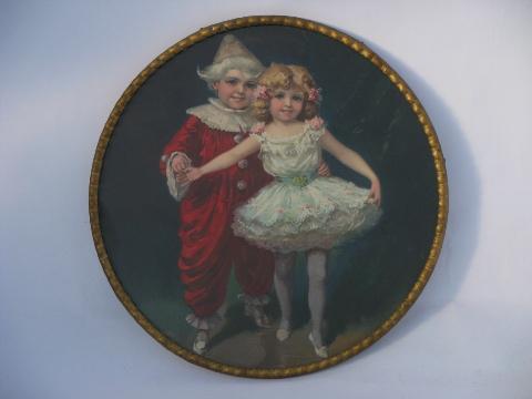antique Victorian litho color prints, round pictures of girl dancer, skating children