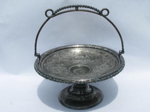antique Victorian vintage bright cut silver plate stand, basket shape