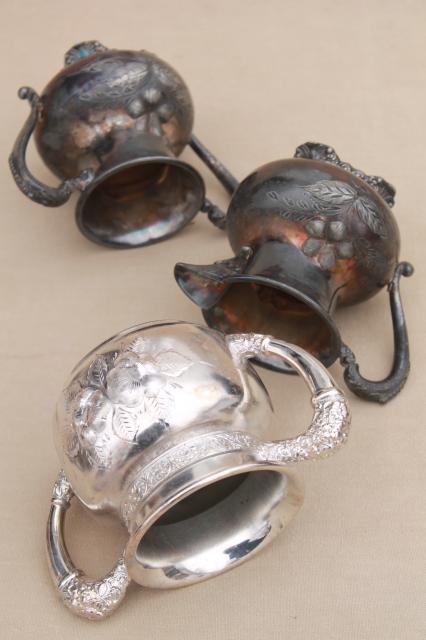 antique Victorian vintage silver collection of cups & trophy shape urns in bright cut silverplate