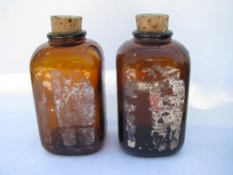 antique amber brown glass snuff bottles, remains of original old labels