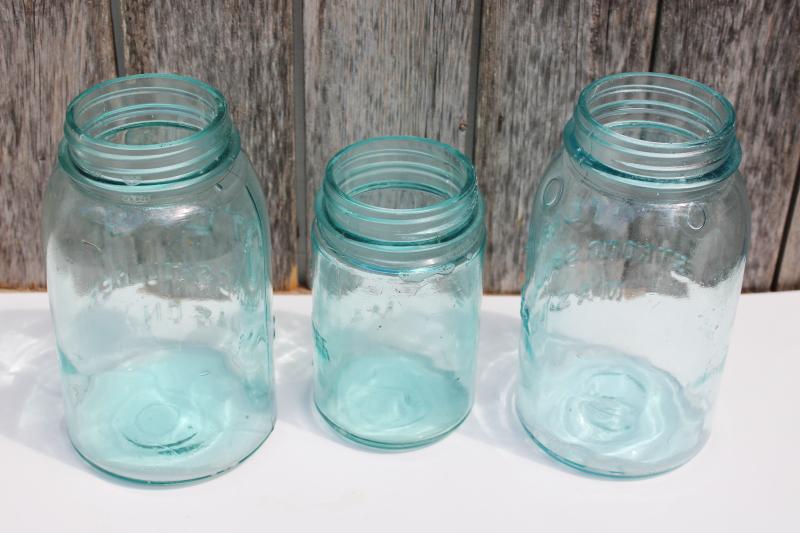 antique aqua blue glass canning jars, Atlas Strong Shoulder Mason jar lot quarts & pint