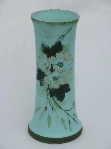 antique aqua green satin glass vase, hand-painted roses floral