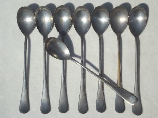 antique art deco iced tea spoons set, coin silver plate over solid brass