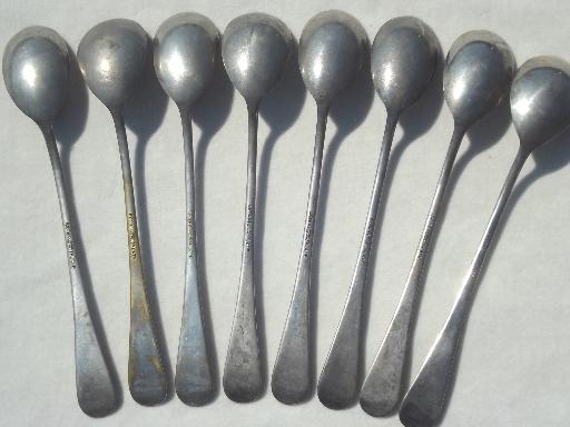 antique art deco iced tea spoons set, coin silver plate over solid brass