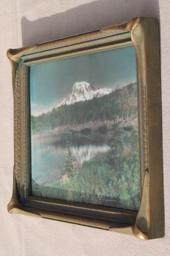 antique art nouveau arts & crafts piecrust wood frame, Reflection Lake color print
