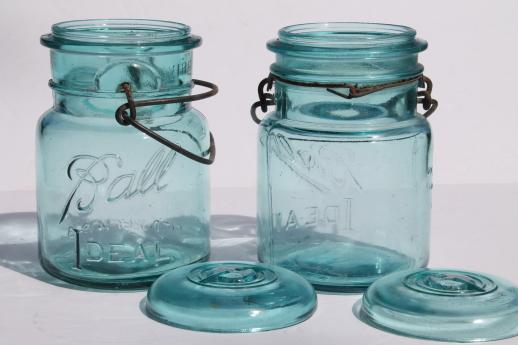 antique  blue Ball mason jar, half dozen vintage  Ball Ideal Mason storage jars