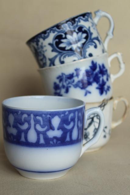 antique blue & white china mug cups,       late 1800s early 1900s vintage aesthetic design