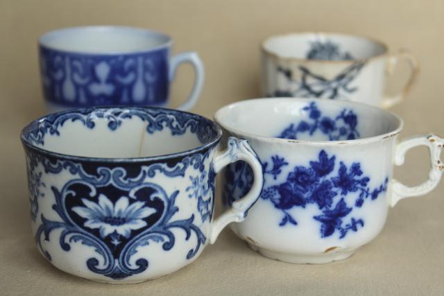 antique blue & white china mug cups,       late 1800s early 1900s vintage aesthetic design