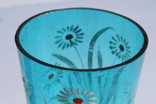 antique blue glass lemonade set, tall pitcher & tumblers w/ hand painted enamel flowers
