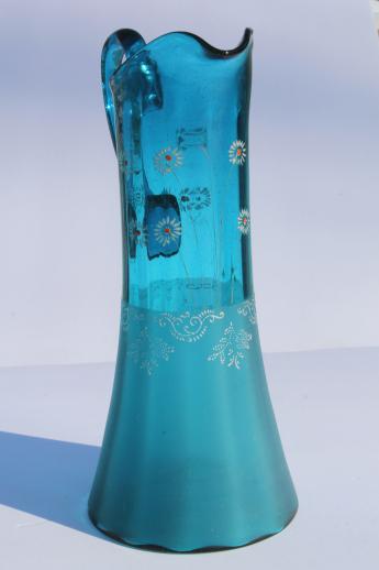 antique blue glass lemonade set, tall pitcher & tumblers w/ hand painted enamel flowers