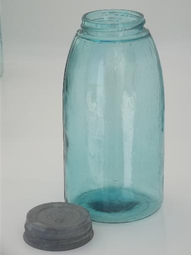 antique blue glass mason jar, old zinc lid 2 qt fruit jar w/ 1858 patent date 