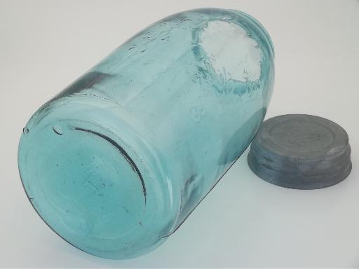antique blue glass mason jar, old zinc lid 2 qt fruit jar w/ 1858 patent date 