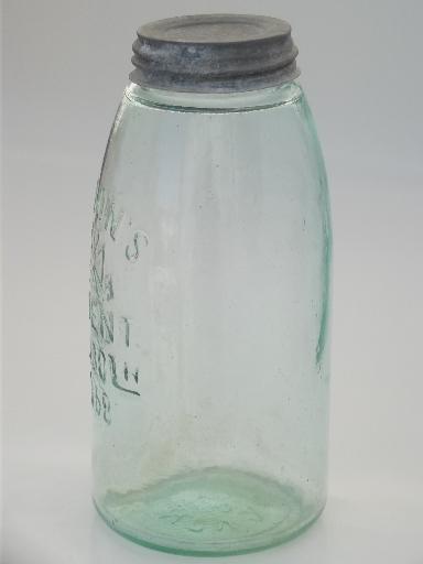 antique blue glass mason jar, old zinc lid 2 qt fruit jar w/ 1858 patent date