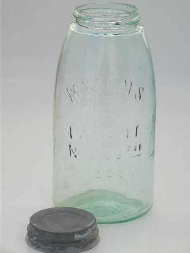 antique blue glass mason jar, old zinc lid 2 qt fruit jar w/ 1858 patent date
