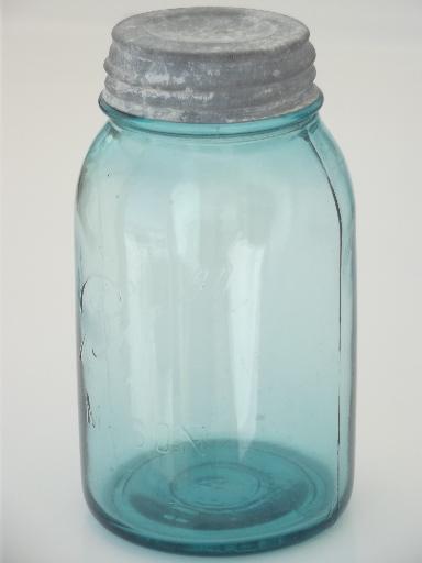 antique blue glass mason jar, old zinc lid Ball jar, vintage canning jar 