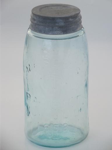 antique blue glass mason jar, old zinc lid canning jar w/ 1858 patent date