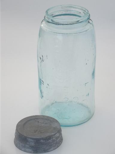 antique blue glass mason jar, old zinc lid canning jar w/ 1858 patent date