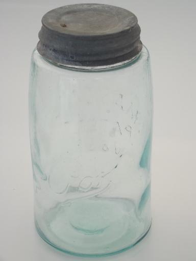 antique blue glass mason jar, old zinc lid canning jar w/ 1858 patent date 