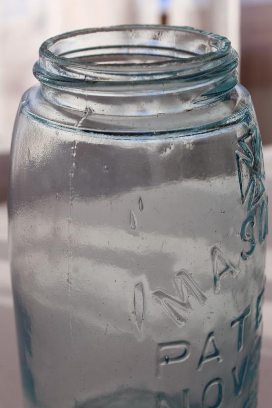 antique blue green glass Mason jar, embossed 1858 Mason's cross & 1867 patent date