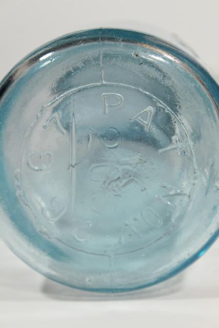 antique blue green glass Mason jar, old zinc lid 2 qt fruit jar w/ 1858 patent date