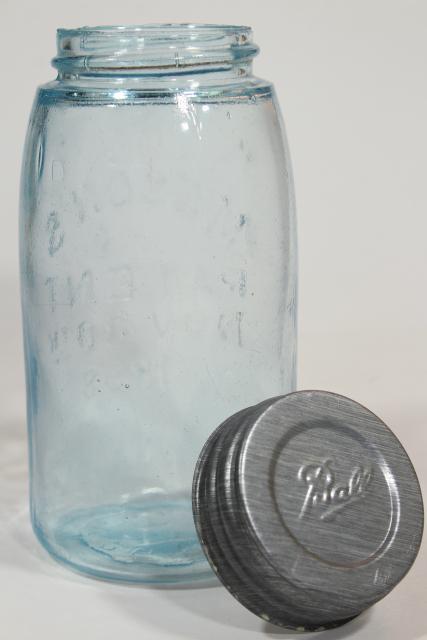 antique blue green glass Mason jar, old zinc lid 2 qt fruit jar w/ 1858 patent date