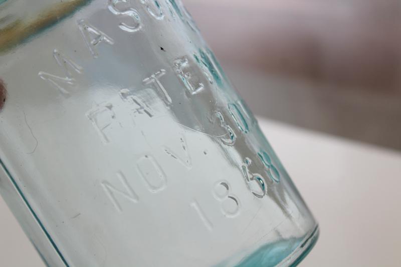 antique blue green glass mason jar, old pint size fruit jar w/ 1858 Masons patent date