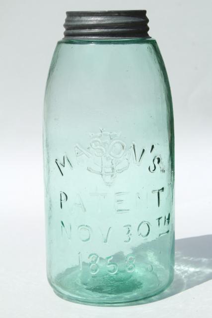 antique blue green glass mason jar, old zinc lid 2 qt fruit jar w/ 1858 patent date 