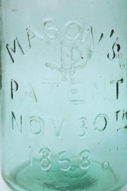 antique blue green glass mason jar, old zinc lid 2 qt fruit jar w/ 1858 patent date 