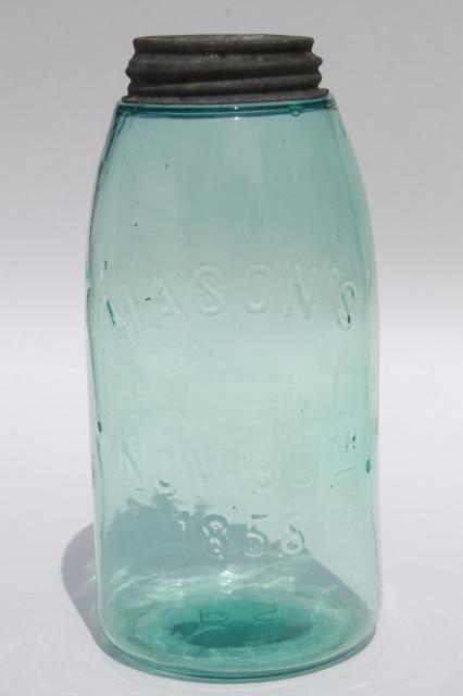 antique blue green glass mason jar, old zinc lid 2 qt fruit jar w/ 1858 patent date