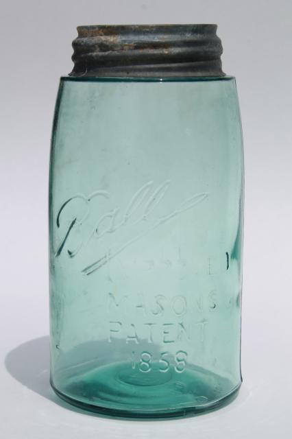 antique blue green glass mason jar, old zinc lid quart fruit jar w/ 1858 patent date