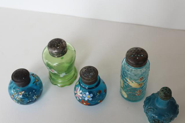 antique blue & green glass shakers, shabby chic birds & flowers hand painted glass