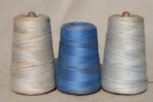 antique blue primitive grubby old spools of vintage cotton cord thread