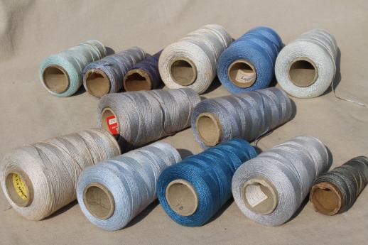 antique blue primitive grubby old spools of vintage cotton cord thread