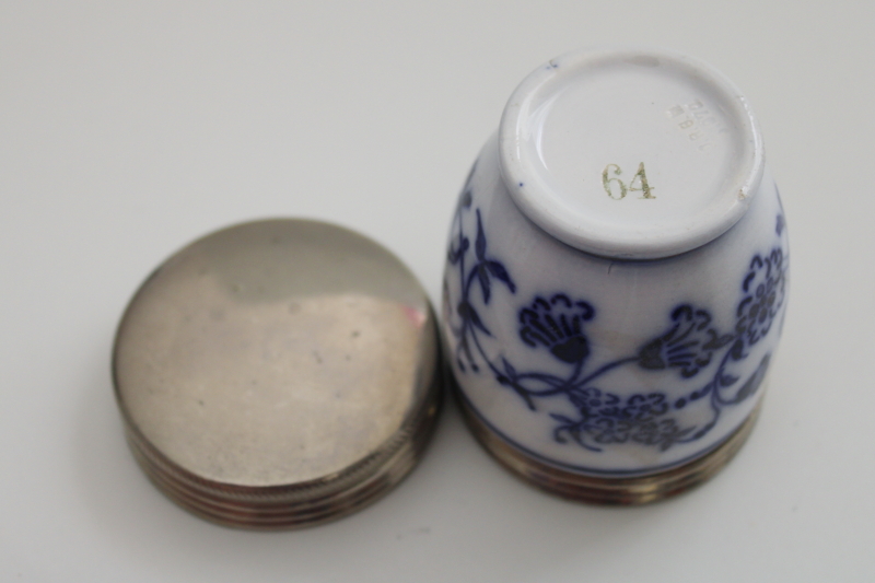 antique blue  white china egg coddler, early 1900s vintage egg cup w/ metal lid
