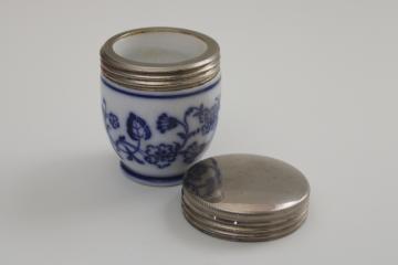 antique blue  white china egg coddler, early 1900s vintage egg cup w/ metal lid
