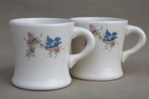 antique bluebird china cups, blue birds heavy white ironstone mugs, vintage Homer Laughlin?