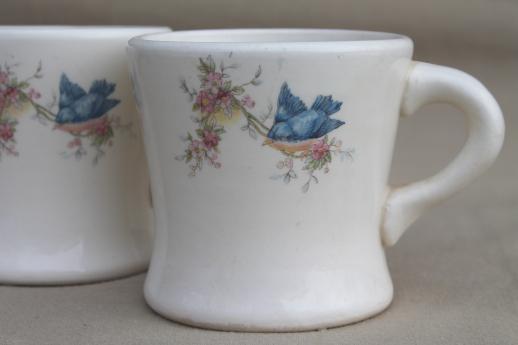 antique bluebird china cups, blue birds heavy white ironstone mugs, vintage Homer Laughlin?