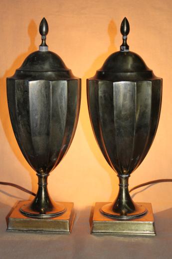 antique brass andiron urn lamps, pair of deco vintage fireplace footlight torchieres