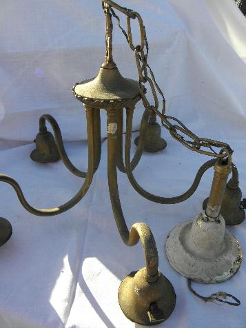 antique brass hanging lamp, early electric chandelier light, original hardware