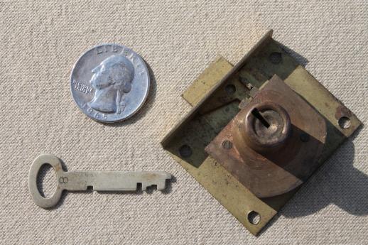 antique brass lock & skeleton key,  vintage half mortise lock hardware for drawer or door