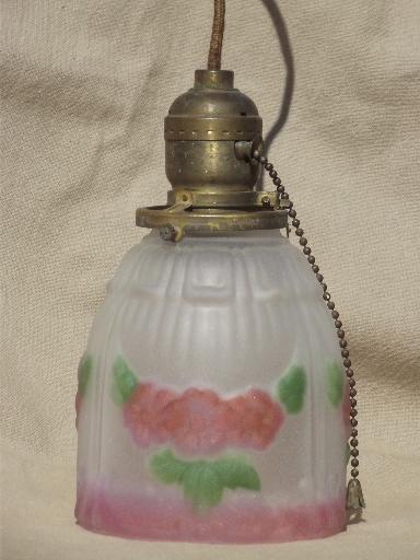 antique brass pendant light w/ painted puffy glass lamp shade, pull chain switch