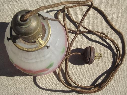 antique brass pendant light w/ painted puffy glass lamp shade, pull chain switch