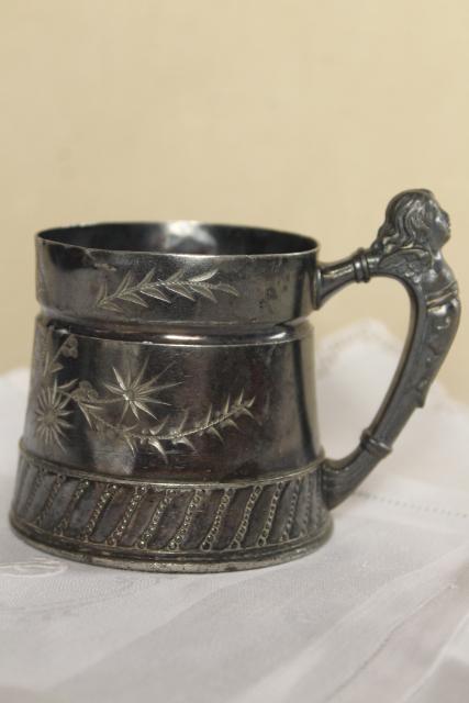 antique bright cut silver plate baby cup w/ figural handle, Victorian vintage