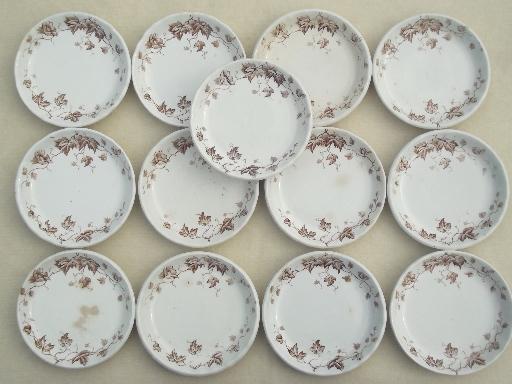 antique brown transferware butter pat plates, English Staffordshire china