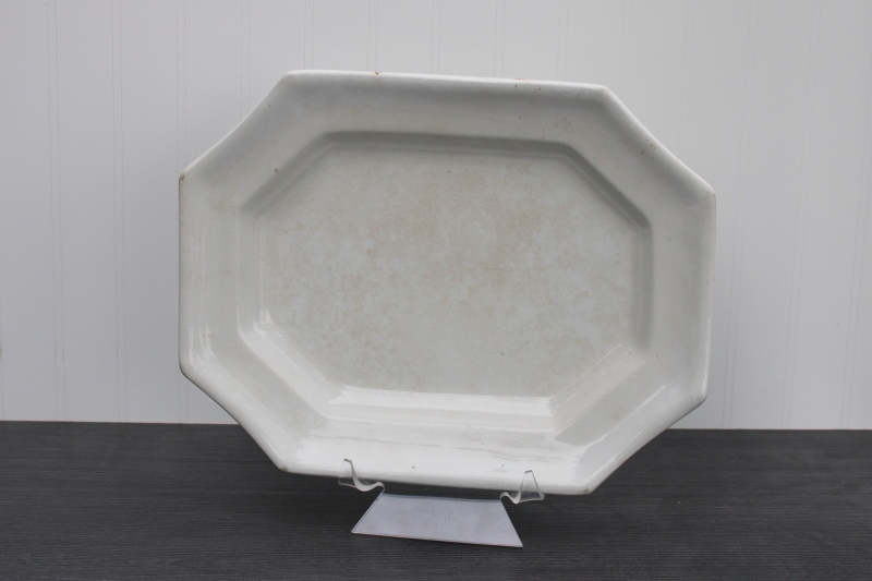 antique browned stained white ironstone china, octagonal platter w/ 1800s vintage English marks