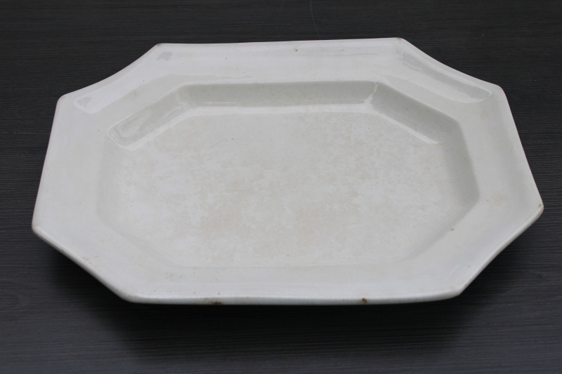 antique browned stained white ironstone china, octagonal platter w/ 1800s vintage English marks