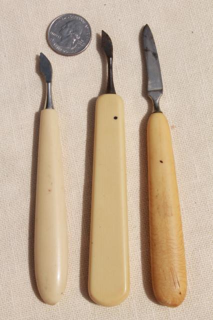 antique button hooks & art deco vintage manicure tools w/ french ivory celluloid handles
