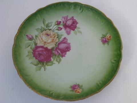 antique cabbage roses china lot, serving bowl, plates, handled servers