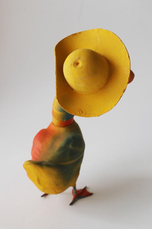 antique candy container funny duck in Easter hat, vintage paper mache composition metal feet